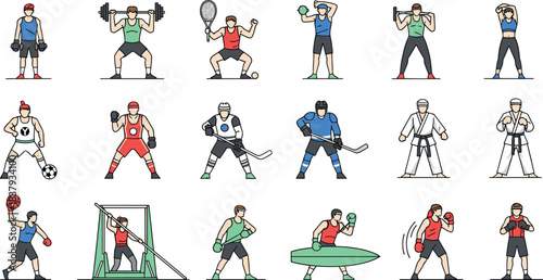 Large Set of Sport Icons Illustrating Diverse Male and Female Athletes in Various Disciplines, Including Boxing, Weightlifting, Hockey, Soccer, and Martial Arts, Vector