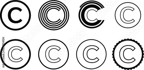 Set of eight copyright symbol variations, vector badge designs, circles and C emblems, minimalist to decorative seals, scalable legal icons for branding
