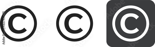 Set of three copyright vector icons, thin and bold circular marks, stylized rounded square copyright emblem, modern intellectual property symbols, editable