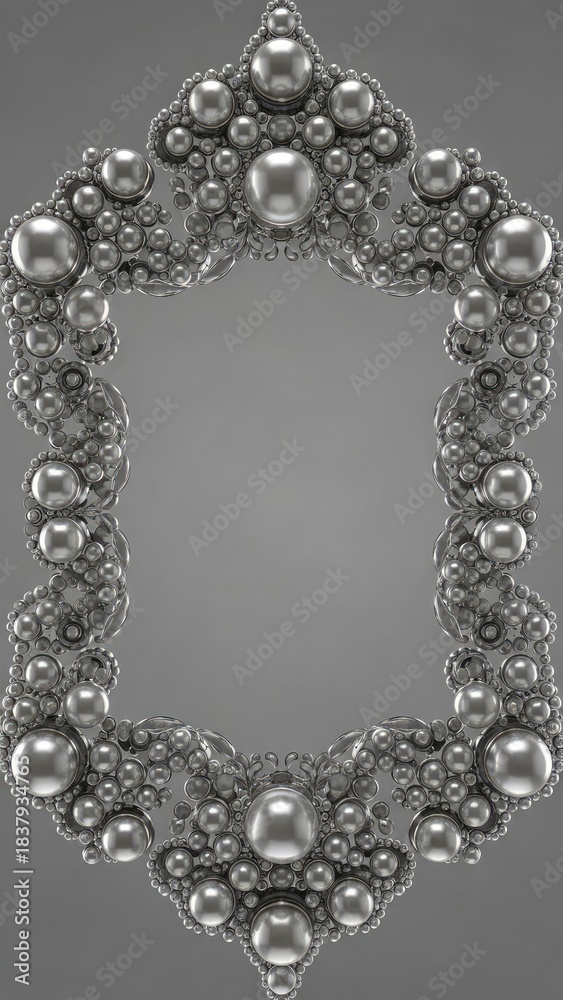 Obraz premium Decorative ornamental silver frame with ornate beaded detailing on gray background isolated