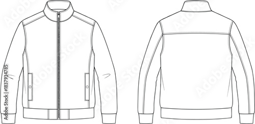 Men's or Unisex classic bomber jacket technical fashion flat sketch template, high neck collar, zip front closure, welt pockets, and ribbed hem and cuffs.