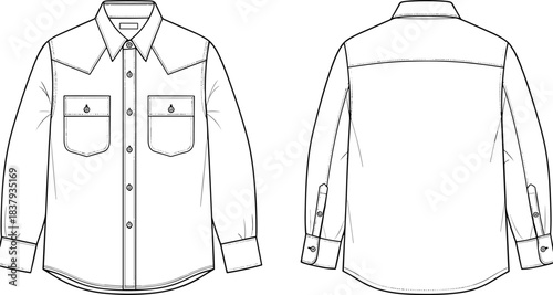 Men's or Unisex classic Western shirt technical fashion flat sketch template, long sleeve button-down with pointed front and back yoke, and double chest pockets.
