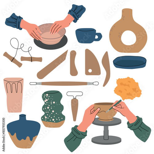 Flat illustration of pottery making tools, hands sculpting and decorating clay, and various ceramic pieces. Includes shaping tools, sponges, and wheel work. Ideal for craft themed content, workshops
