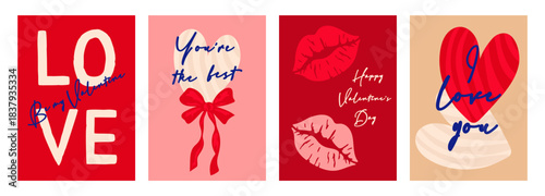 A set of four vibrant Valentine's Day greeting cards with romantic messages. Festive illustrations for celebrating and expressing love.