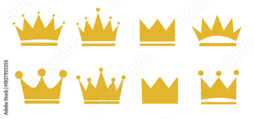 Crown icon set. Gold royal emblem symbols. Luxury flat crown designs. Sharp and rounded point shapes. Vector elements for branding, logos and award graphics.