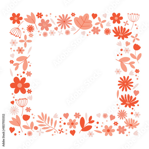 Vector pink floral frame with leaves and berries and tiny hearts. Isolated on a white background. It can be used as a label or for Valentine’s Day, weddings, spring, and love-themed creative projects