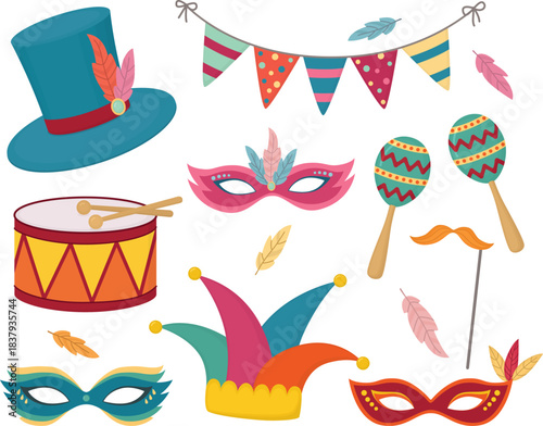 Set of carnival party elements with top hat, feather masks, drum, maracas, fake mustache, and festive bunting garland. 