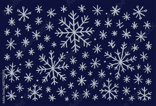 Hand-Drawn Grunge Snowflake Vector Element Set. Winter and Christmas Icon Collection on Dark Blue Background.
