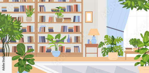 Cozy light room with book shelves and green plants. Home library interior vector illustration