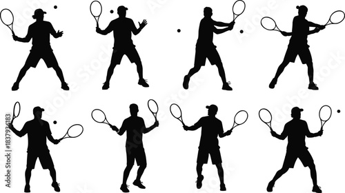 Set of eight black vector silhouettes of male tennis players in various dynamic poses and serving actions, representing sport, professional athleticism, competition, fitness, 
