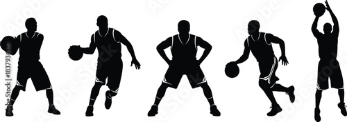 Set of Five Professional Basketball Players Black Silhouettes in Dynamic Action Poses Dribbling, Shooting, and Defending Vector Illustration, Sport, Competition, and Athleticism Design Elements on 