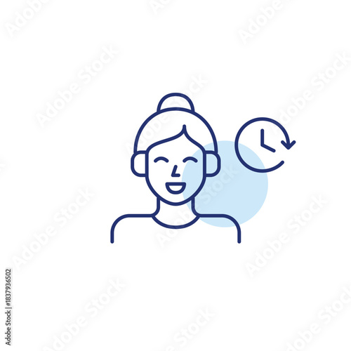 Woman in headphones and clock. Timed podcasts and audio listening. Pixel perfect, editable stroke vector icon