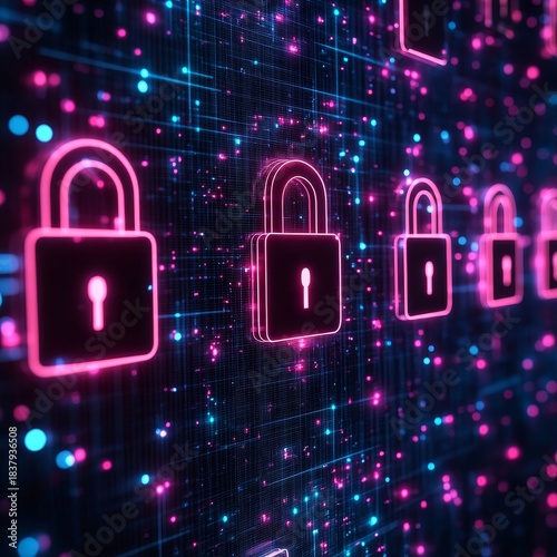 Information technology security with abstract lock designs for software encryption and protection. Neon icons representing server access control, database encryption, and data safety, Generative AI