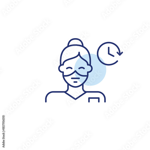 Female doctor wearing surgical mask and clock. Scheduled medical appointments, check-ups, or time-sensitive healthcare. Pixel perfect, editable stroke vector icon