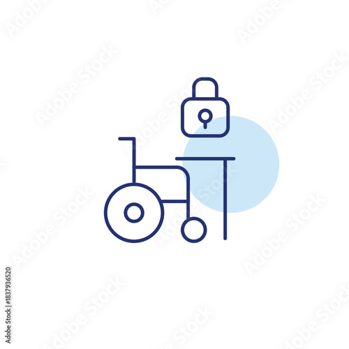 Wheelchair user at work desk and lock. Accessibility and inclusivity at workplace. Pixel perfect, editable stroke vector icon