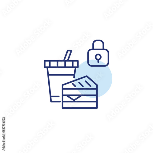 Fountain soda and sandwich and lock. Secure food order and safety-certified restaurants. Pixel perfect, editable stroke vector icon