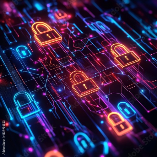 Information technology security with abstract lock designs for software encryption and protection. Neon icons representing server access control, database encryption, and data safety, Generative AI