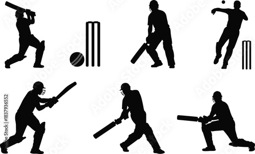 Set of six black silhouettes showing male cricket players in dynamic batting and bowling action poses, representing sport, professional competition, athletic training, and the excitement of  