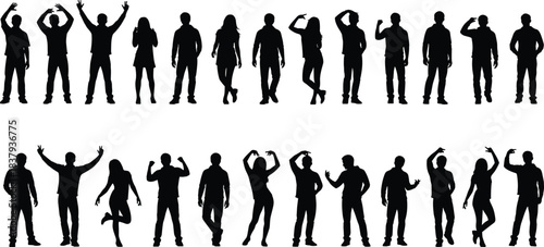 Silhouette collection of diverse men and women posing in various standing gestures, people outline vector set, human figure poses for design, illustration elements