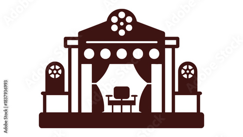 Illustration of a stage with a chair and curtains in brown color