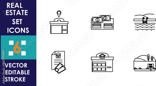 Minimal real estate vector icons featuring property location, money, waterfront home, contract documents, secure building, and suburban house, all designed with clean editable stroke lines