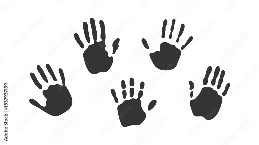 Obraz premium Five handprints in black ink scattered across a white background art