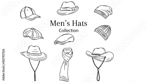 Outline drawing of various hats and a scarf on a white background
