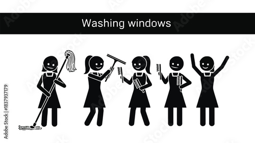 Stick figures cleaning with mop squeegee and brush in black and white