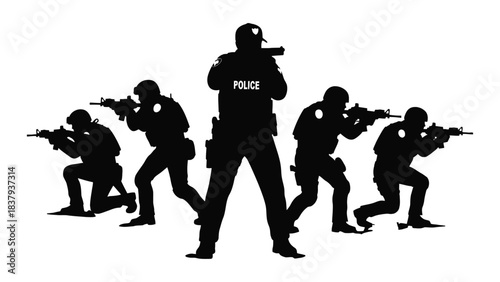 Silhouette of police officers in tactical gear aiming their weapons down