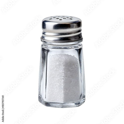 Salt shaker with metal lid and glass jar, seasoning container isolated on white background