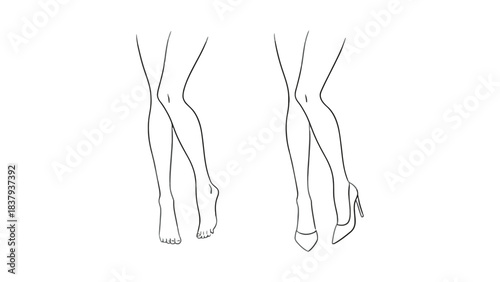 Line drawing of legs with one set wearing heels and one set barefoot