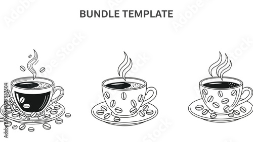 Three coffee cups with coffee beans and steam in a black and white image