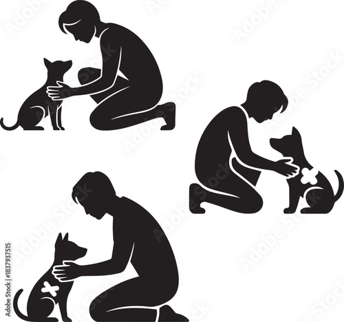 Silhouettes of people giving care and support for injured dog