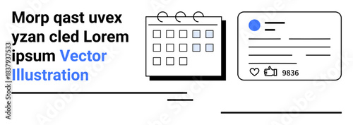 Social media marketing, content planning, scheduling tools, engagement tracking, audience analysis, user interaction. Simple calendar and social media post analytics layout. Social media marketing