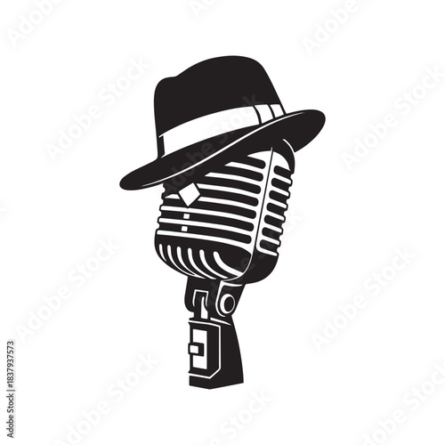 Retro microphone wearing a fedora hat silhouette. Vintage music equipment vector illustration. Classic black and white jazz or blues audio device icon isolated on background.
