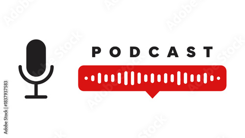 A microphone and podcast logo with red sound wave on a white background