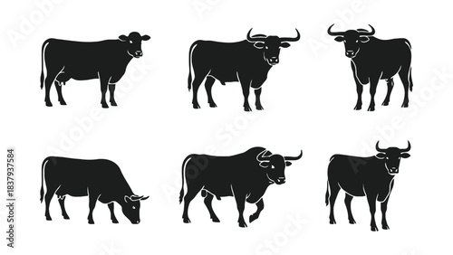 Six black silhouettes of cows and bulls in various poses on white