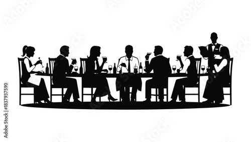 Silhouette of people dining at a long table with a waiter standing near