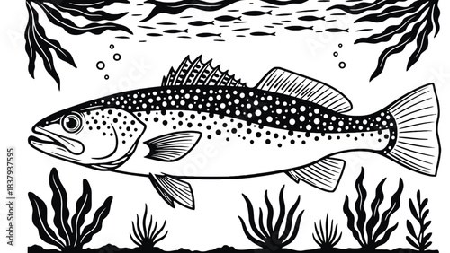Black and white drawing of a spotted fish swimming underwater scene