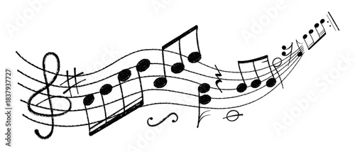 Crayon pastel or chalk music note signs doodle hand drawn symbol shapes set. Chalkboard textured musical symbols treble, bass clefs, pauses doodle collection.