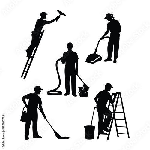 Cleaning or Janitorial Silhouettes Vector Set, Professional Cleaner Silhouettes, People Housekeeping and Maintenance Figures, Window Washer, Vacuuming, and Mopping Silhouettes, vector, illustration.