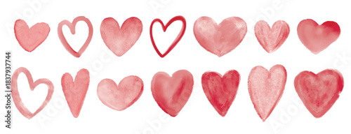 Set of watercolor red hearts. Paint splashes create heart shapes. Symbolic of romantic and loving relationships, mood, atmosphere. For weddings and Valentine s Day. Vector graphics