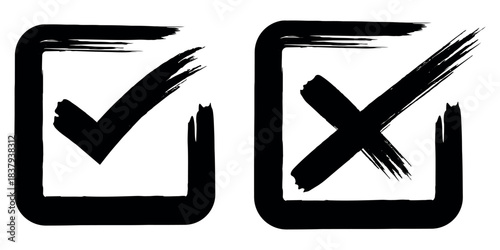 Hand drawn check tick mark icon set. x marks, checkboxes, and checklist symbols including right and wrong signs in brush marker style.