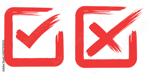 Hand drawn check tick mark icon set. x marks, checkboxes, and checklist symbols including right and wrong signs in brush marker style.