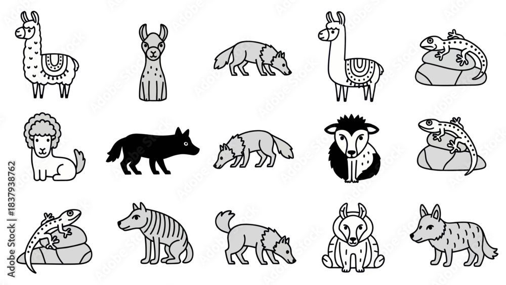 Obraz premium Animal collection llama wolf lizard icons in vector design