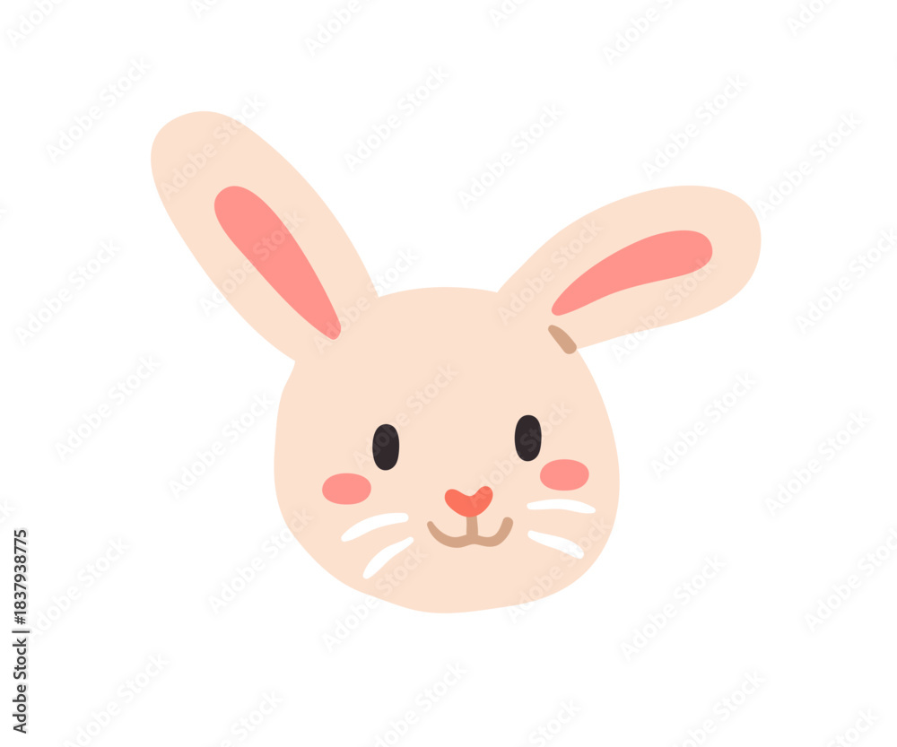 Naklejka premium Cute bunny, face avatar. Adorable smiling rabbit with long ears. Funny baby hare, animal head portrait, user profile in kawaii kids style. Flat vector illustration isolated on white background