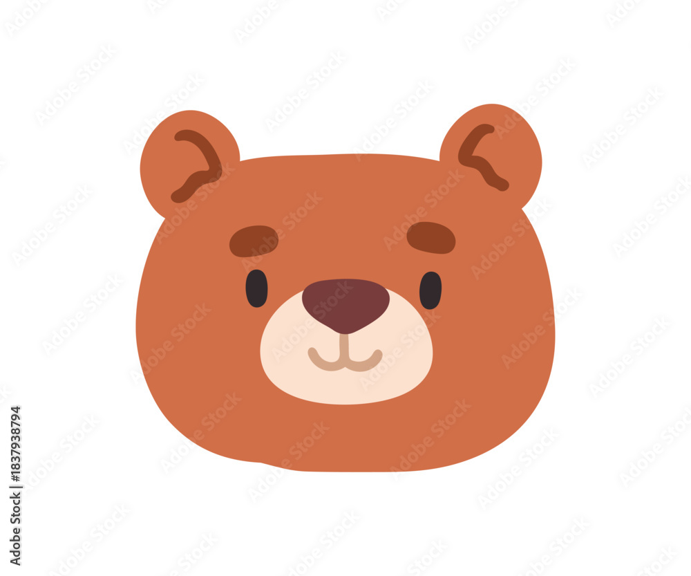 Naklejka premium Cute bear face avatar. Smiling wild forest animal cub with friendly happy expression. Baby character, user profile in kawaii adorable kids style. Flat vector illustration isolated on white background