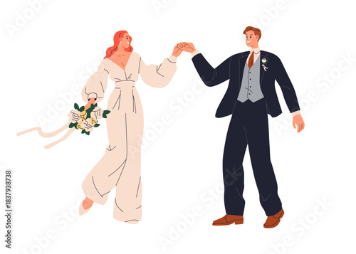 Bride and groom couple. Happy newlywed wife and husband holding hands and smiling. Romantic love pair marrying. Marriage ceremony with bouquet. Flat vector illustration isolated on white background