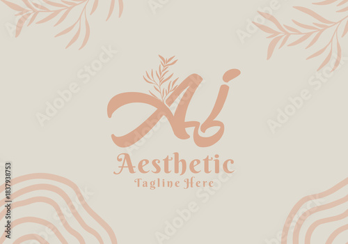 Brush style Aj initial letter logo with aesthetic leaf accents