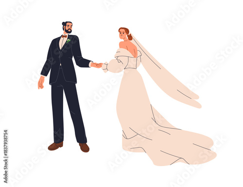 Bride and groom on wedding day. Happy newlyweds, love couple marrying and holding hands. Woman in gown, dress, veil and man in suit for marriage. Flat vector illustration isolated on white background